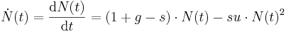 \dot N(t) = \frac{\mathrm{d}N(t)}{\mathrm{d}t}=(1+g-s)\cdot N(t) - su \cdot N(t)^2 