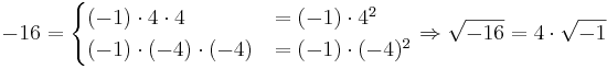 -16 = \begin{cases} (-1)\cdot 4\cdot 4 &= (-1)\cdot 4^2\\ (-1)\cdot (-4) \cdot (-4) &= (-1)\cdot (-4)^2 \end{cases} \Rightarrow \sqrt{-16}=4\cdot\sqrt{-1}