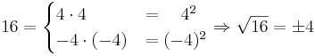 16 = \begin{cases} 4\cdot 4 &= \quad 4^2\\ -4 \cdot (-4) &= (-4)^2 \end{cases} \Rightarrow \sqrt{16} = \pm 4