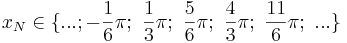 x_N \in \{ ...; -\frac{1}{6}\pi;\ \frac{1}{3}\pi;\ \frac{5}{6}\pi;\ \frac{4}{3}\pi;\ \frac{11}{6}\pi;\ ...\}
