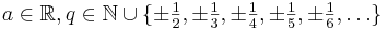 a \in \mathbb{R}, q \in \mathbb{N} \cup \{ \textstyle{\pm\frac{1}{2},\pm\frac{1}{3},\pm\frac{1}{4},\pm\frac{1}{5},\pm\frac{1}{6},\ldots } \}